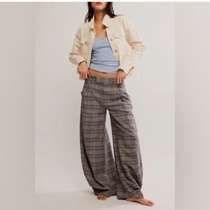 NWT FREE PEOPLE Plaid Tegan Cotton Barrel Trousers Blue Gray Size 8